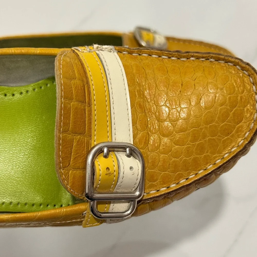 Cole Haan Yellow Croc-Embossed Loafers with Cream Strap‎ & Silver Buckle 6B
